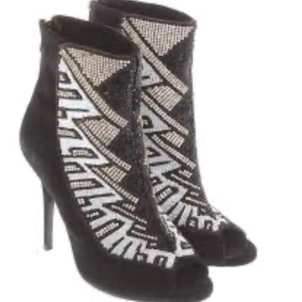 Balmain Black and White Embellished Ankle Boots
